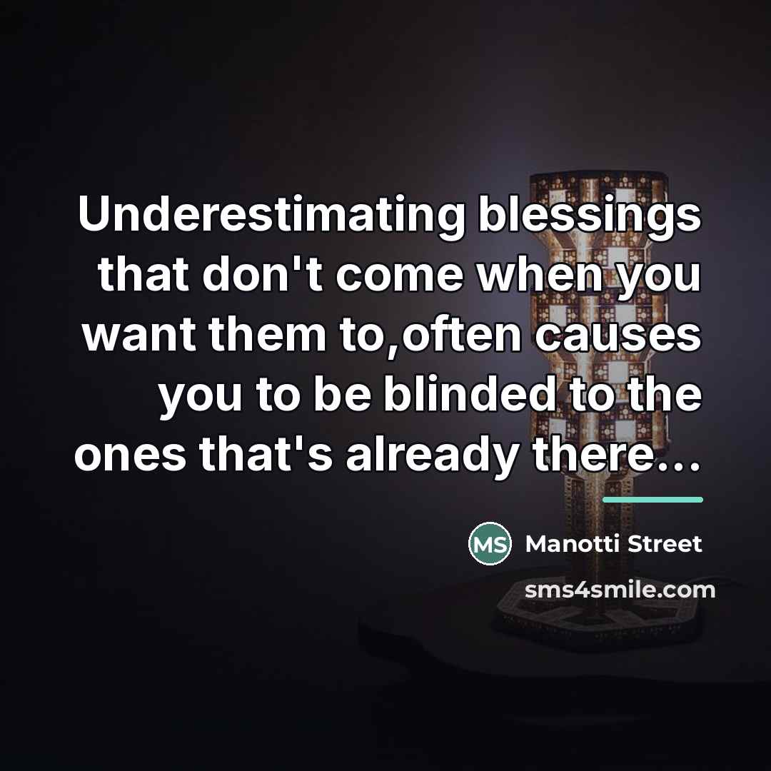 “Underestimating blessings that don't come when you want them to,often…” quote by Manotti Street