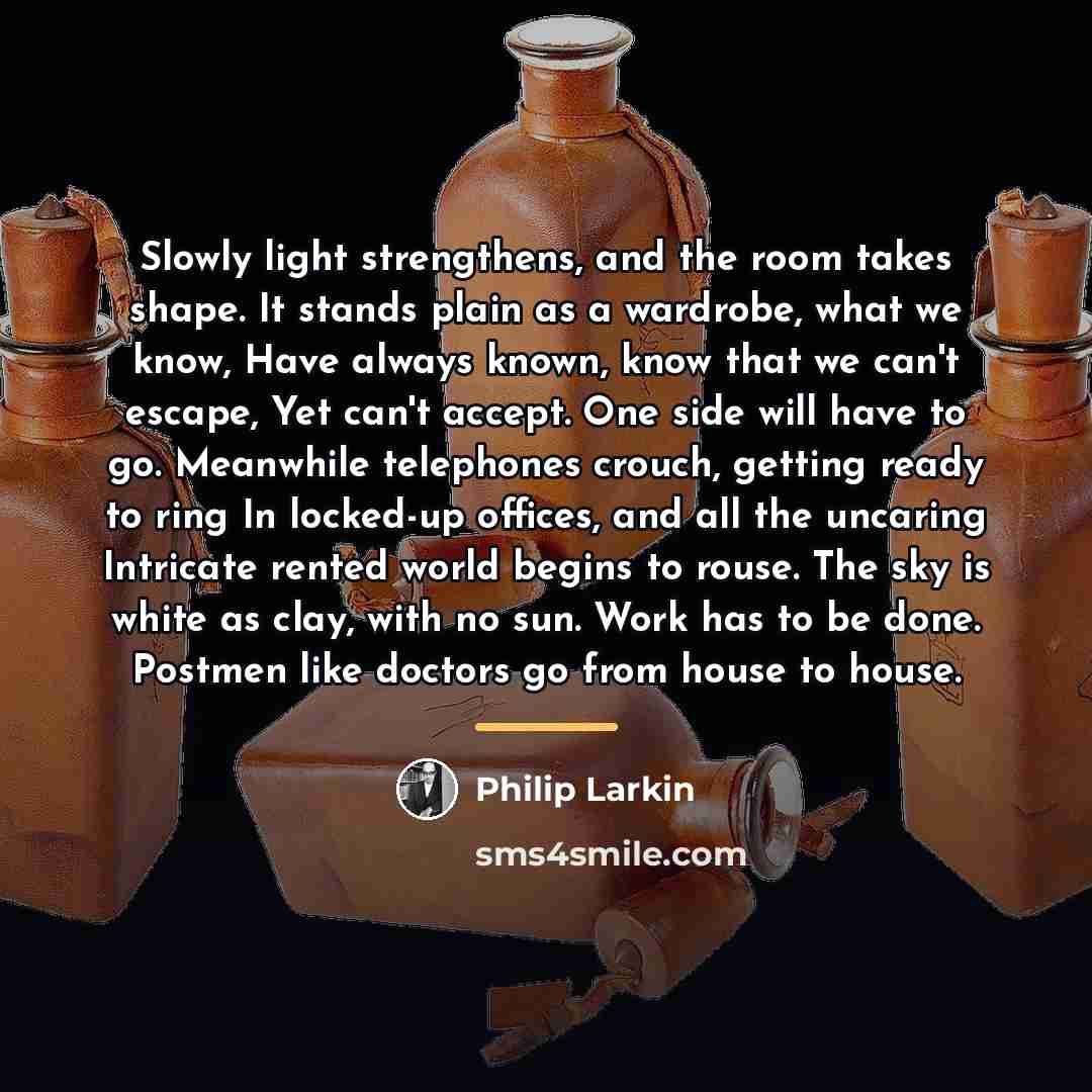 “Slowly light strengthens, and the room takes shape. It stands…” quote by Philip Larkin