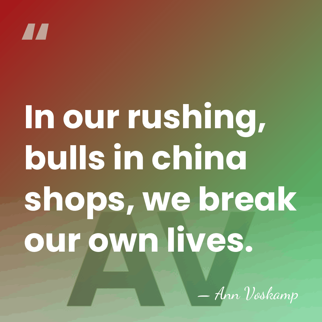 In our rushing, bulls in china shops, we break our own lives. - Ann Voskamp