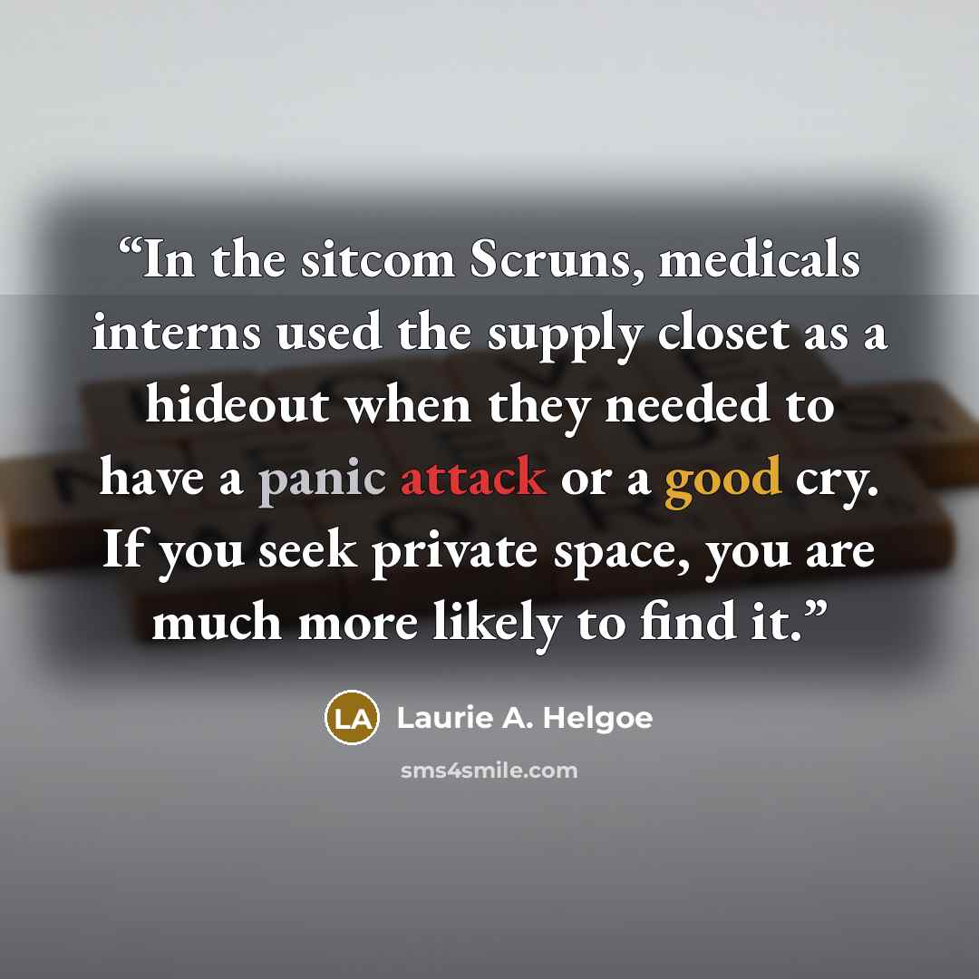 “In the sitcom Scruns, medicals interns used the supply closet as a hideout when they needed to have a panic attack or a good cry. If you seek private space, you are much more likely to find it.” quote by Laurie A. Helgoe