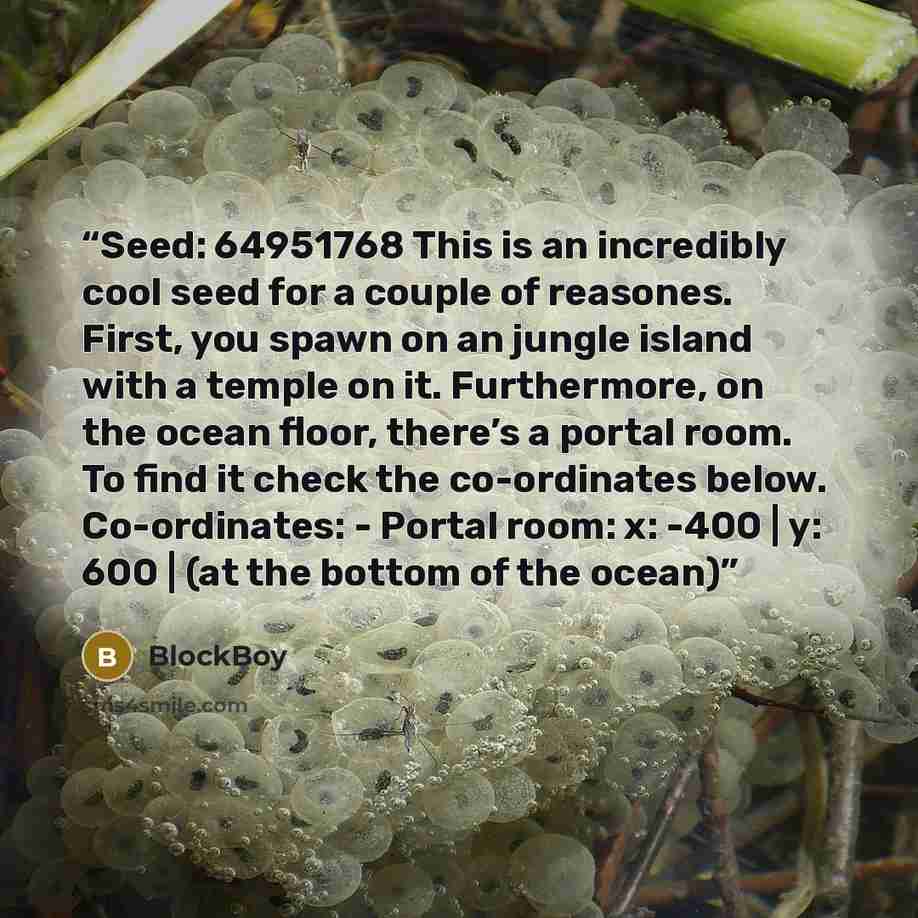 “Seed: 64951768 This is an incredibly cool seed for a couple of reasones. First, you spawn on an jungle island with a temple on it. Furthermore, on the ocean floor, there’s a portal room. To find it check the co-ordinates below. Co-ordinates: - Portal room: x: -400 | y: 600 | (at the bottom of the…” quote by BlockBoy