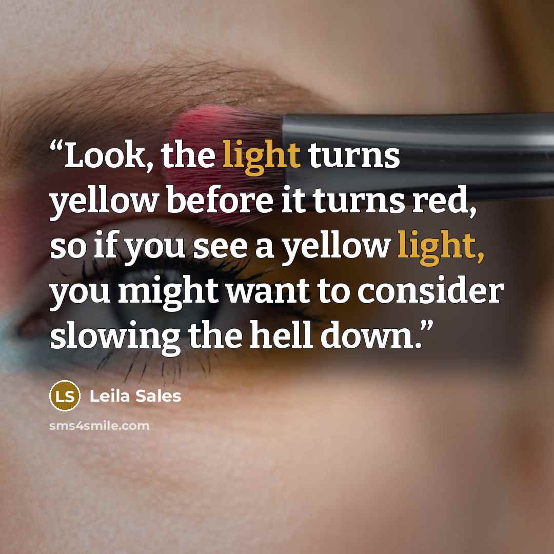 “Look, the light turns yellow before it turns red, so if you see a yellow light, you might want to consider slowing the hell down.” quote by Leila Sales