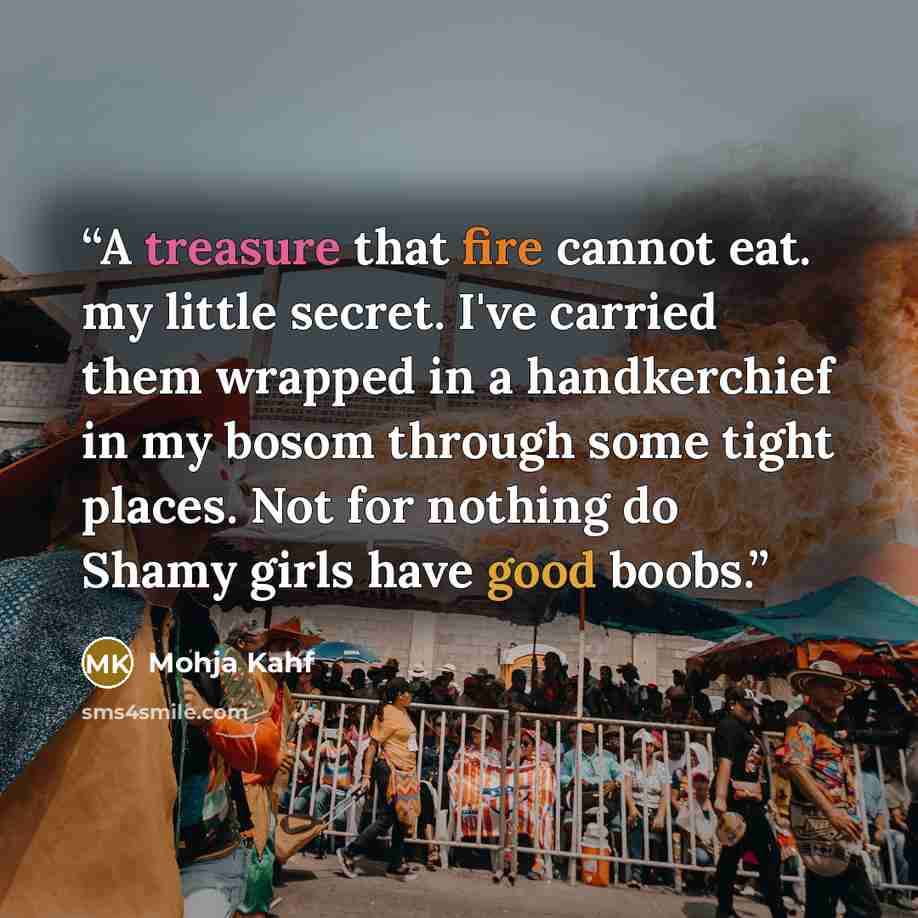 “A treasure that fire cannot eat. my little secret. I've carried them wrapped in a handkerchief in my bosom through some tight places. Not for nothing do Shamy girls have good boobs.” quote by Mohja Kahf