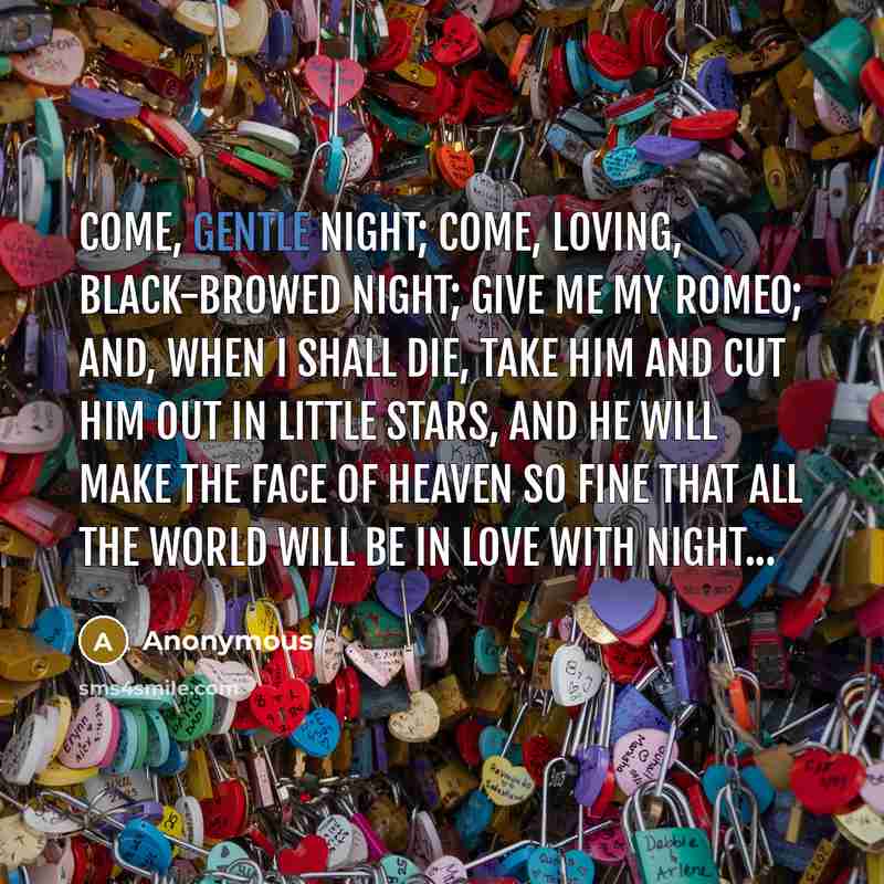 “Come, gentle night; come, loving, black-browed night; Give me my…” quote by Anonymous