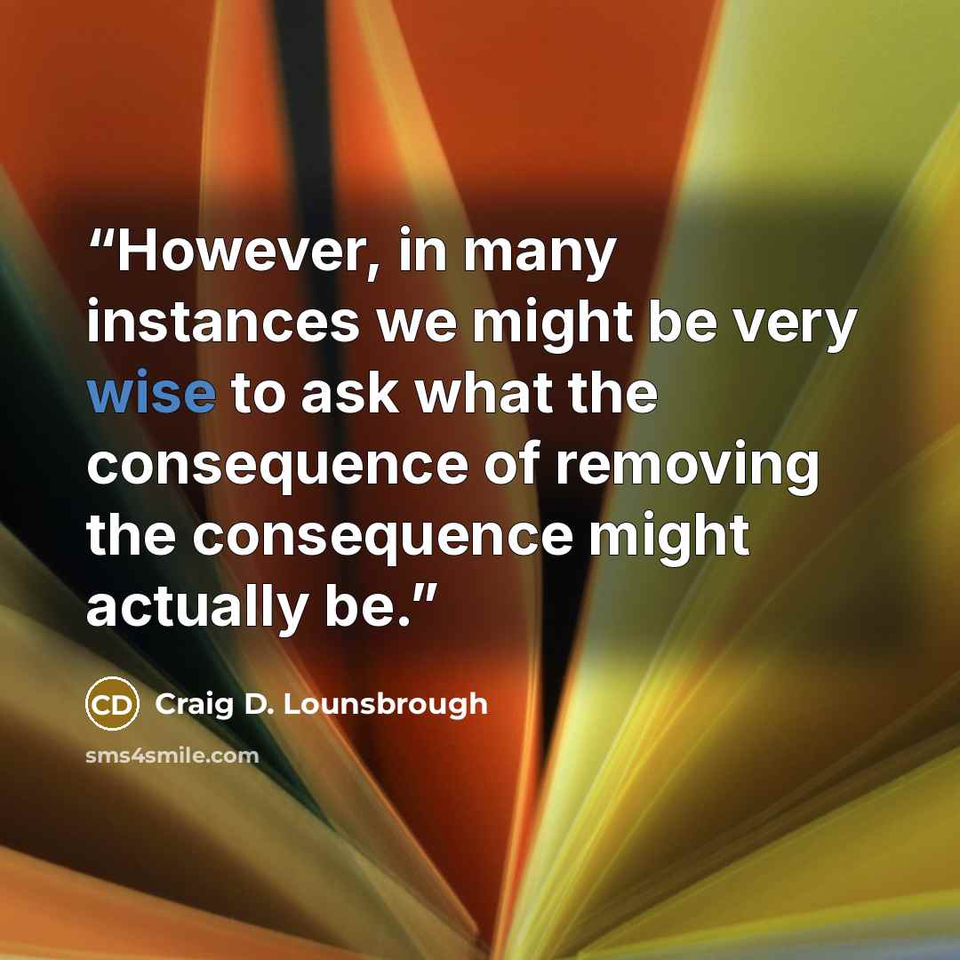 “However, in many instances we might be very wise to ask what the consequence of removing the consequence might actually be.” quote by Craig D. Lounsbrough