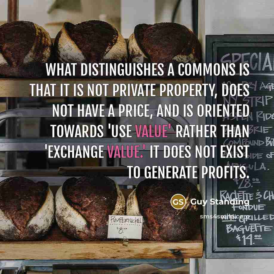“What distinguishes a commons is that it is not private property, does not have a price, and is oriented towards 'use value' rather than 'exchange value.' It does not exist to generate profits.” quote by Guy Standing