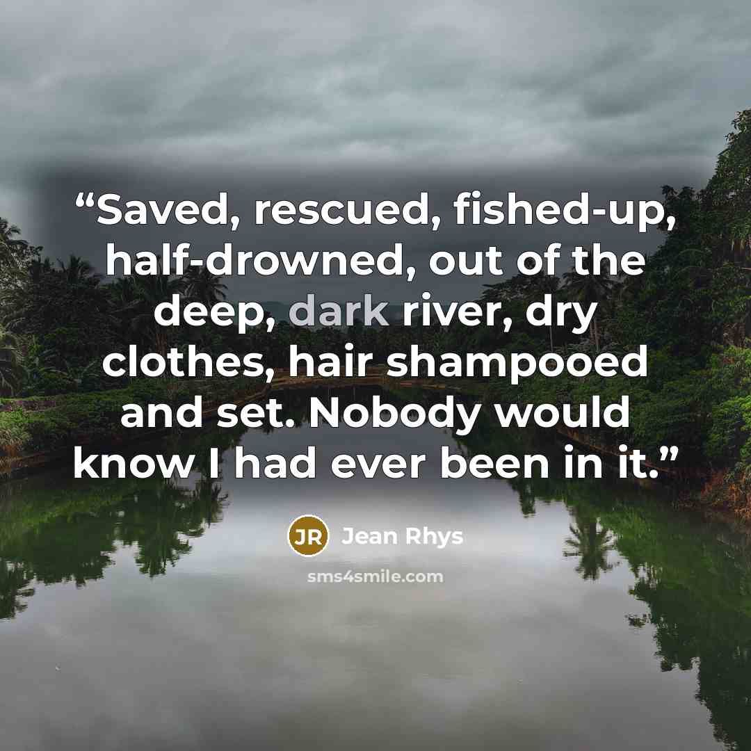 “Saved, rescued, fished-up, half-drowned, out of the deep, dark river, dry clothes, hair shampooed and set. Nobody would know I had ever been in it.” quote by Jean Rhys
