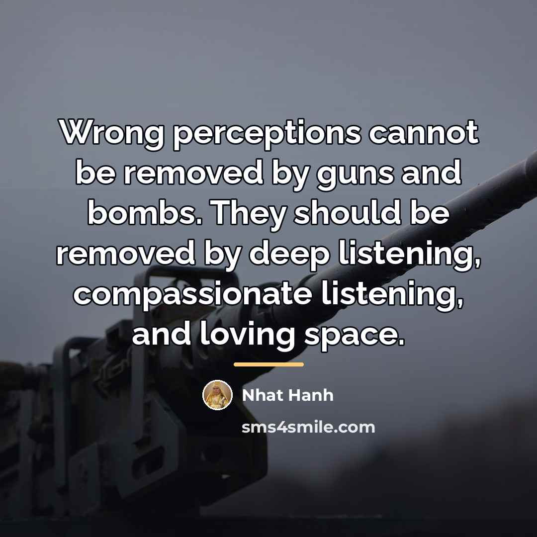 “Wrong perceptions cannot be removed by guns and bombs. They…” quote by Nhat Hanh