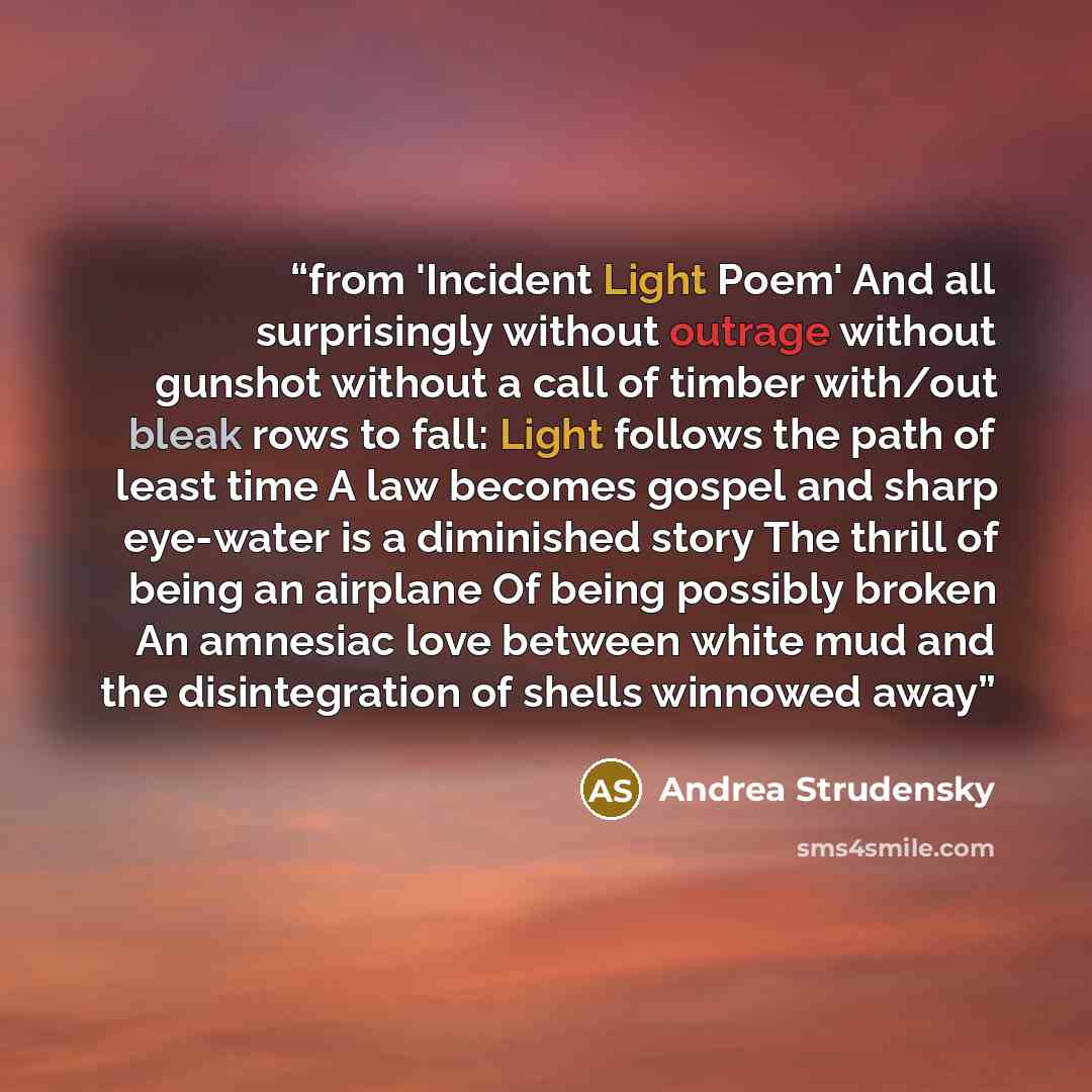 “from 'Incident Light Poem' And all surprisingly without outrage without gunshot without a call of timber with/out bleak rows to fall: Light follows the path of least time A law becomes gospel and sharp eye-water is a diminished story The thrill of being an airplane Of being possibly broken An…” quote by Andrea Strudensky