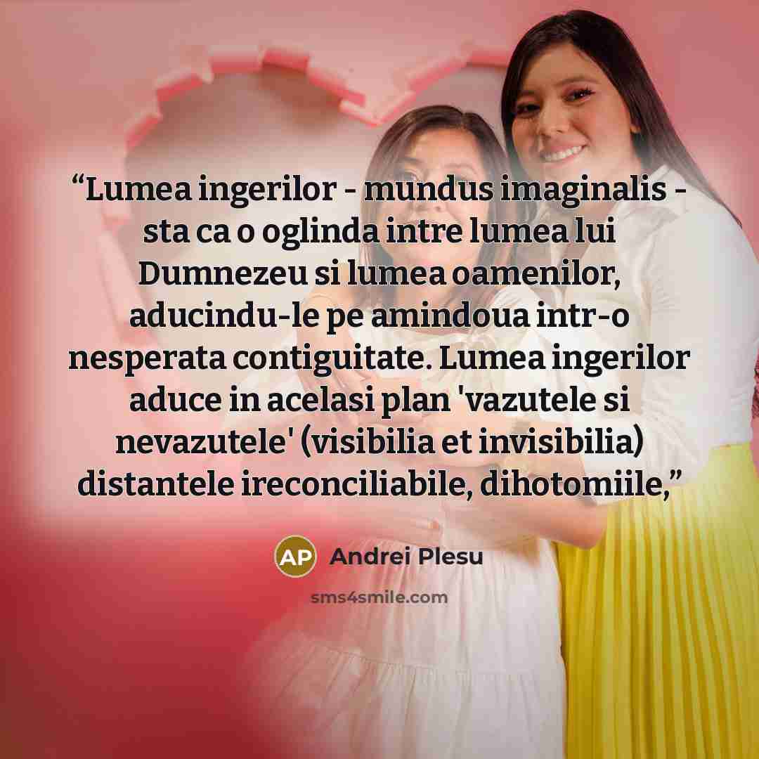 “Lumea ingerilor - mundus imaginalis - sta ca o oglinda intre lumea lui Dumnezeu si lumea oamenilor, aducindu-le pe amindoua intr-o nesperata contiguitate. Lumea ingerilor aduce in acelasi plan 'vazutele si nevazutele' (visibilia et invisibilia) distantele ireconciliabile, dihotomiile,” quote by Andrei Plesu