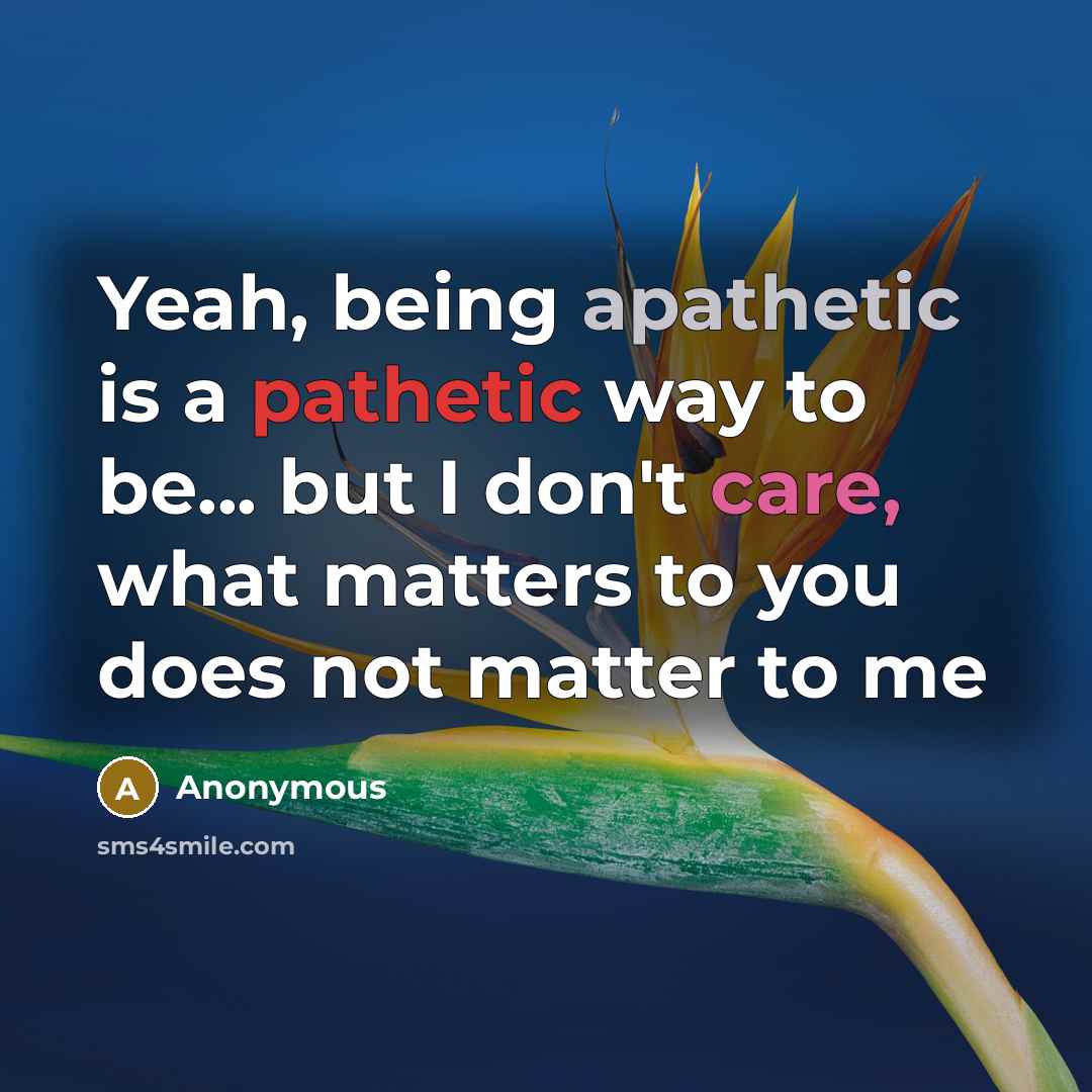 “Yeah, being apathetic is a pathetic way to be... but I don't care, what matters to you does not matter to me” quote by Anonymous