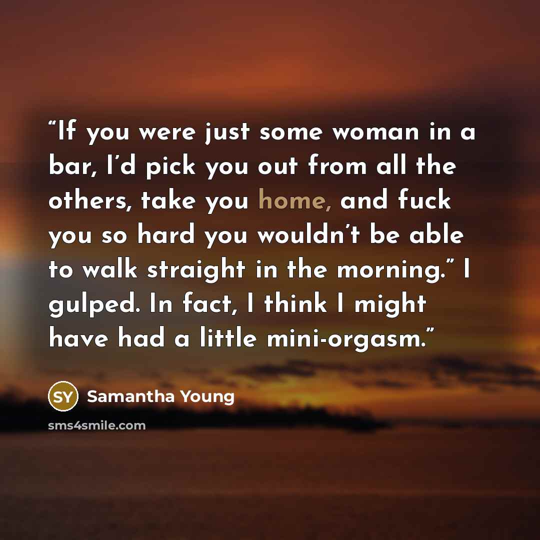 “If you were just some woman in a bar, I’d pick you out from all the others, take you home, and fuck you so hard you wouldn’t be able to walk straight in the morning.” I gulped. In fact, I think I might have had a little mini-orgasm.” quote by Samantha Young