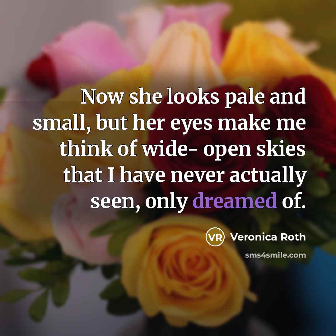 “Now she looks pale and small, but her eyes make me think of wide- open skies that I have never actually seen, only dreamed of.” quote by Veronica Roth