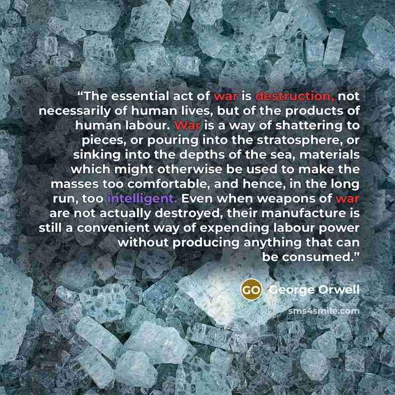 “The essential act of war is destruction, not necessarily of human lives, but of the products of human labour. War is a way of shattering to pieces, or pouring into the stratosphere, or sinking into the depths of the sea, materials which might otherwise be used to make the masses too comfortable…” quote by George Orwell