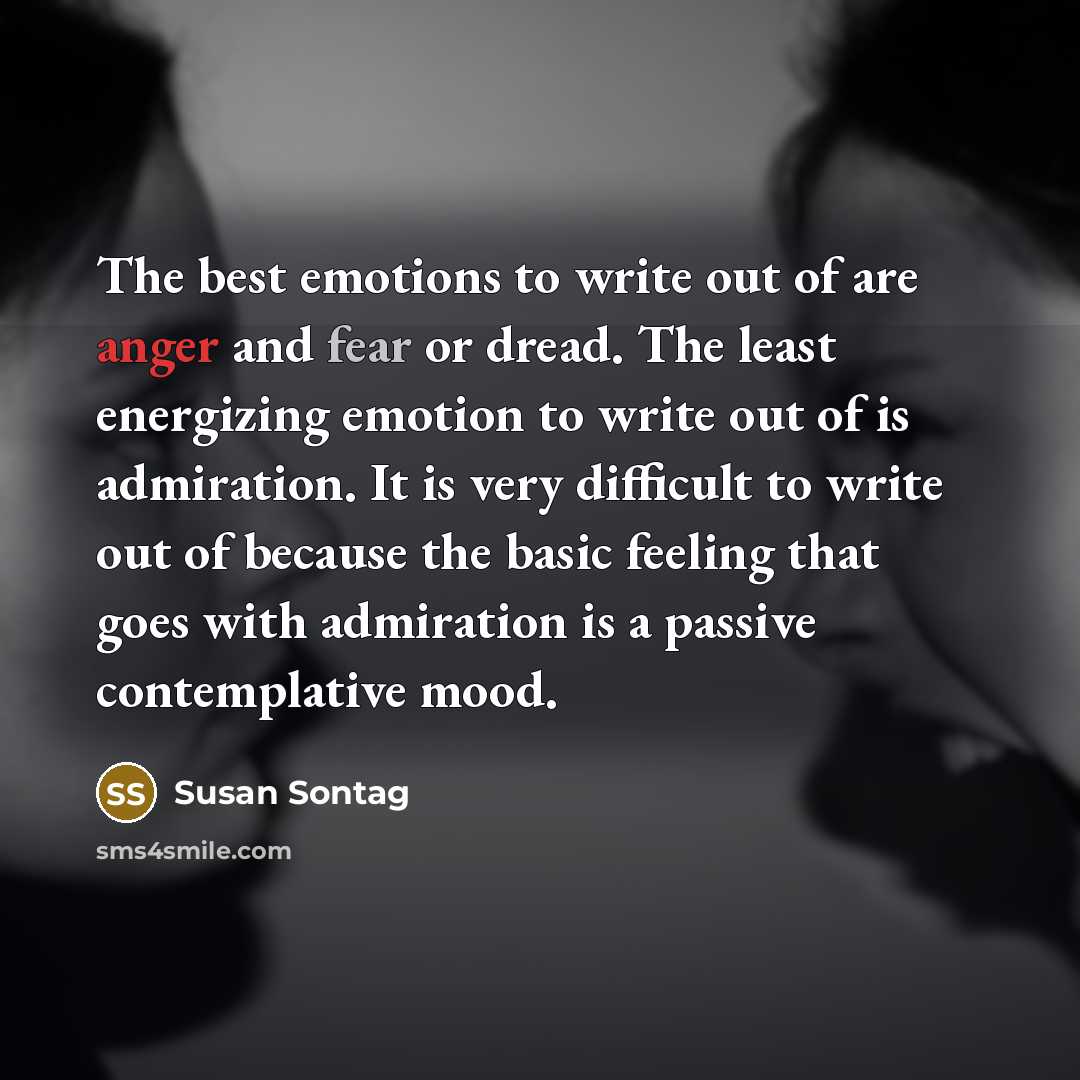 “The best emotions to write out of are anger and…” quote by Susan Sontag