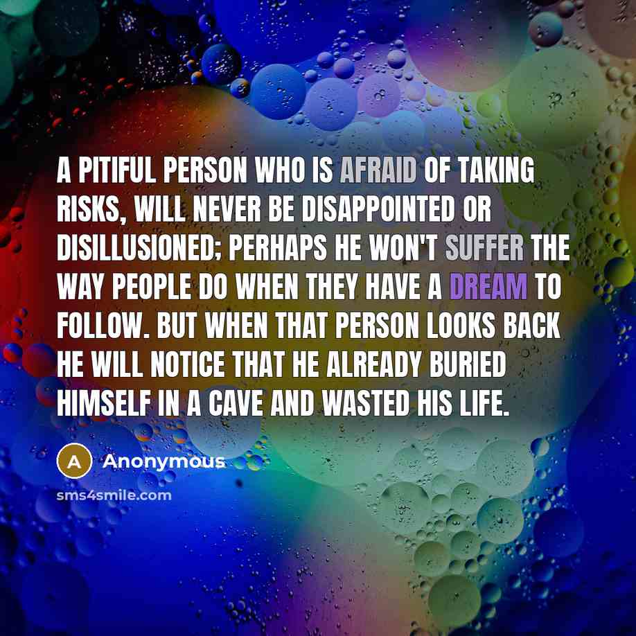 “A Pitiful person who is afraid of taking risks, will never be disappointed or disillusioned; perhaps he won't suffer the way people do when they have a dream to follow. But when that person looks back he will notice that he already buried himself in a cave and wasted his life.” quote by Anonymous
