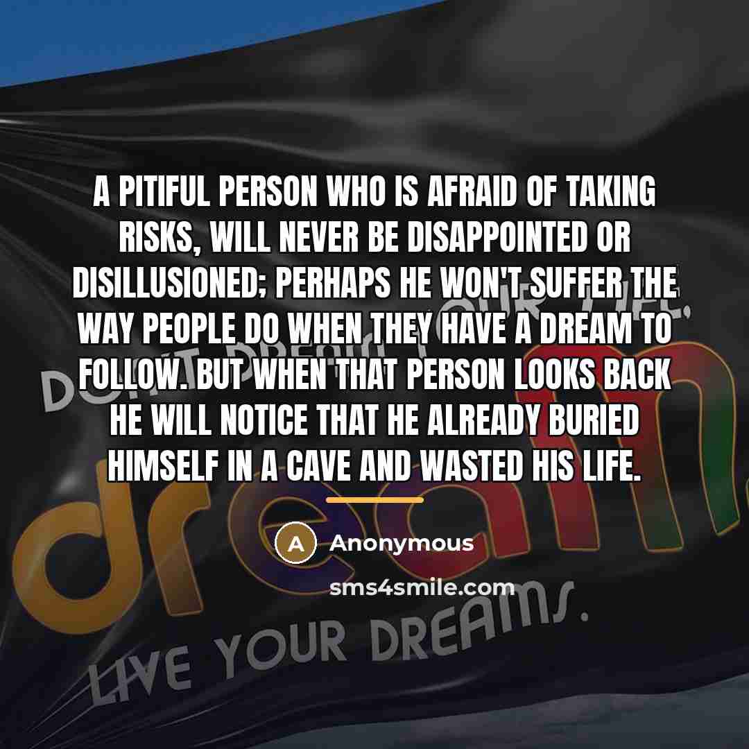 “A Pitiful person who is afraid of taking risks, will…” quote by Anonymous
