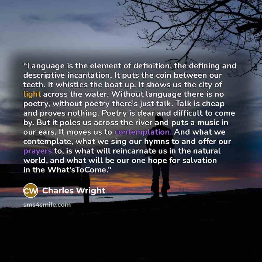 “Language is the element of definition, the defining and descriptive incantation. It puts the coin between our teeth. It whistles the boat up. It shows us the city of light across the water. Without language there is no poetry, without poetry there’s just talk. Talk is cheap and proves nothing…” quote by Charles Wright