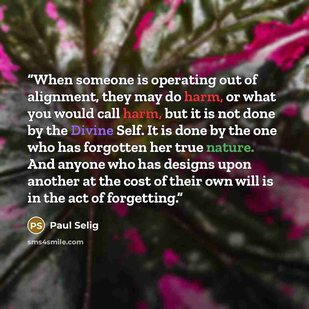 “When someone is operating out of alignment, they may do harm, or what you would call harm, but it is not done by the Divine Self. It is done by the one who has forgotten her true nature. And anyone who has designs upon another at the cost of their own will is in the act of forgetting.” quote by Paul Selig