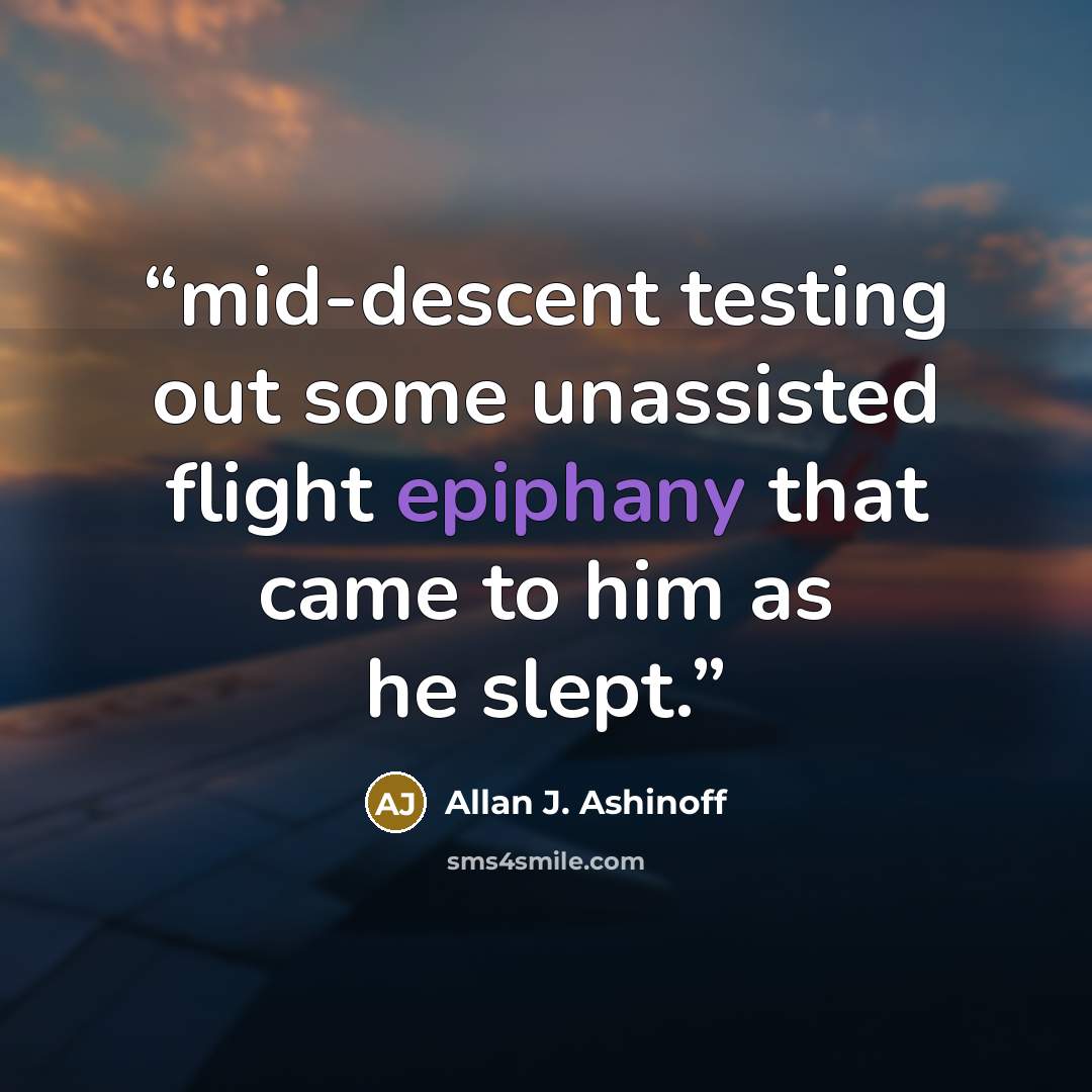 “mid-descent testing out some unassisted flight epiphany that came to him as he slept.” quote by Allan J. Ashinoff