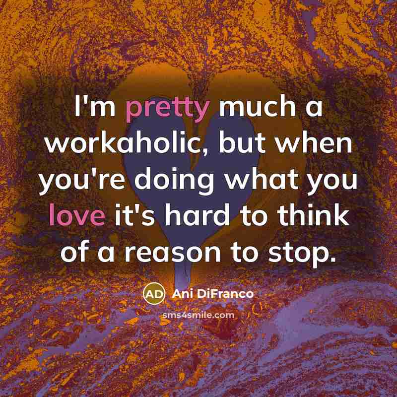 “I'm pretty much a workaholic, but when you're doing what you love it's hard to think of a reason to stop.” quote by Ani DiFranco