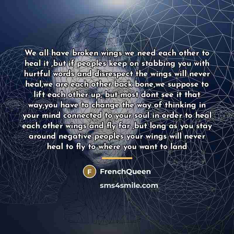 “We all have broken wings we need each other to…” quote by Frenchqueen