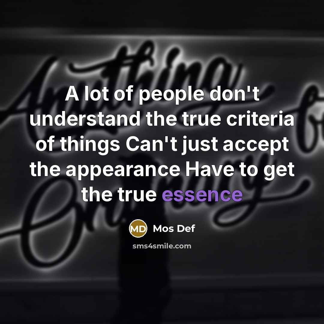 “A lot of people don't understand the true criteria of things Can't just accept the appearance Have to get the true essence” quote by Mos Def