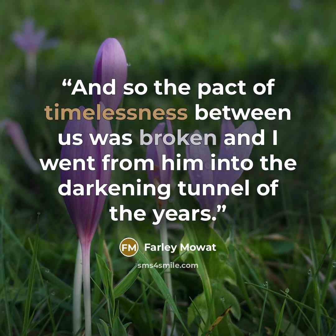 “And so the pact of timelessness between us was broken and I went from him into the darkening tunnel of the years.” quote by Farley Mowat