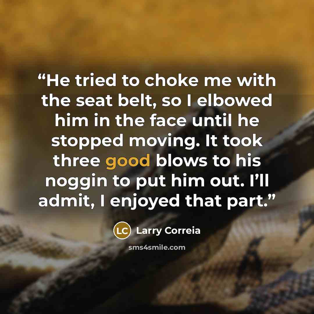 “He tried to choke me with the seat belt, so I elbowed him in the face until he stopped moving. It took three good blows to his noggin to put him out. I’ll admit, I enjoyed that part.” quote by Larry Correia