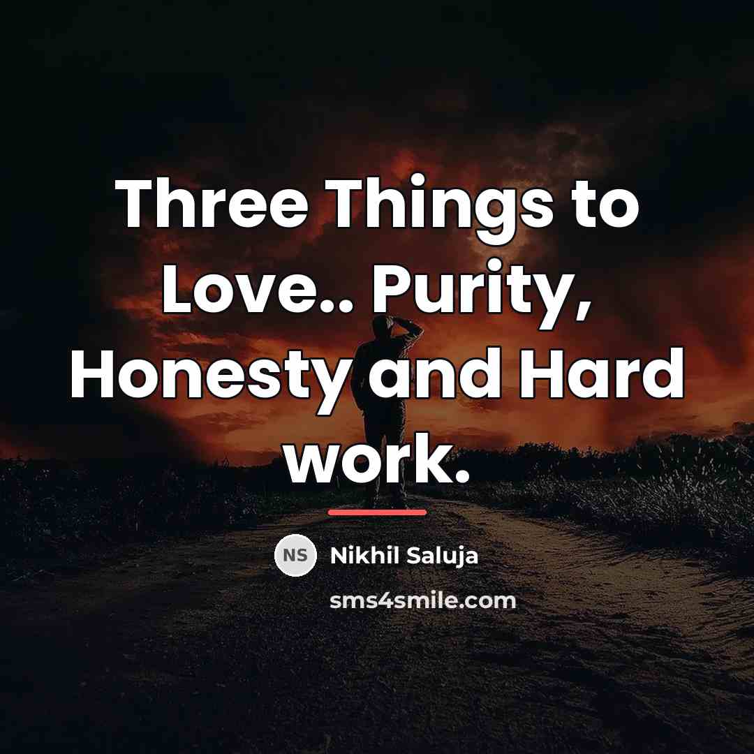 “Three Things to Love.. Purity, Honesty and Hard work.…” quote by Nikhil Saluja