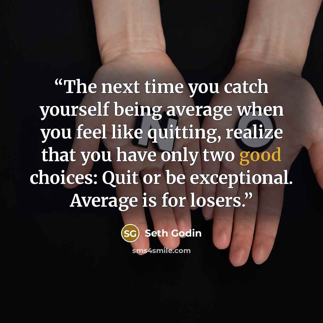 “The next time you catch yourself being average when you feel like quitting, realize that you have only two good choices: Quit or be exceptional. Average is for losers.” quote by Seth Godin