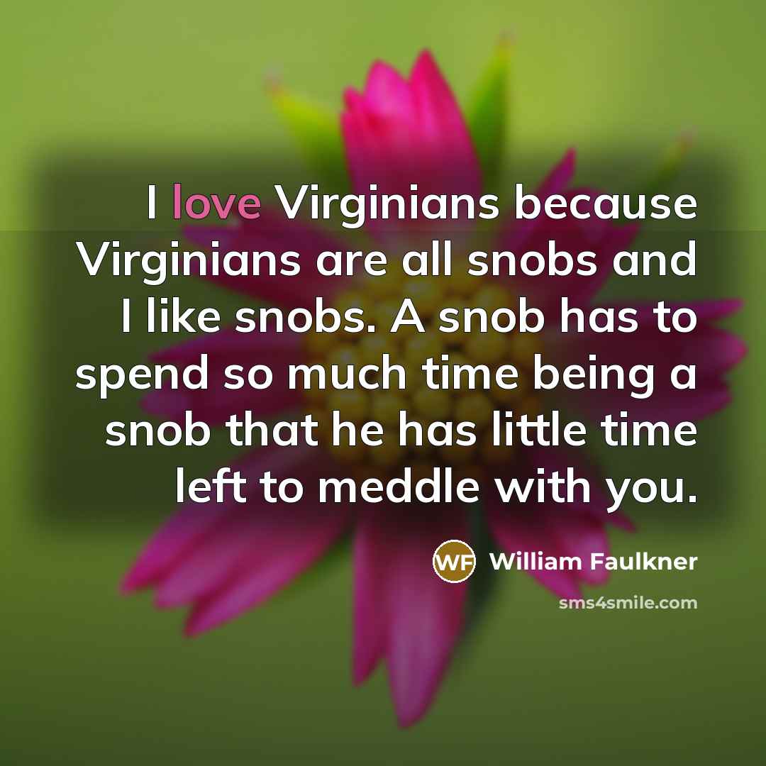 “I love Virginians because Virginians are all snobs and I…” quote by William Faulkner