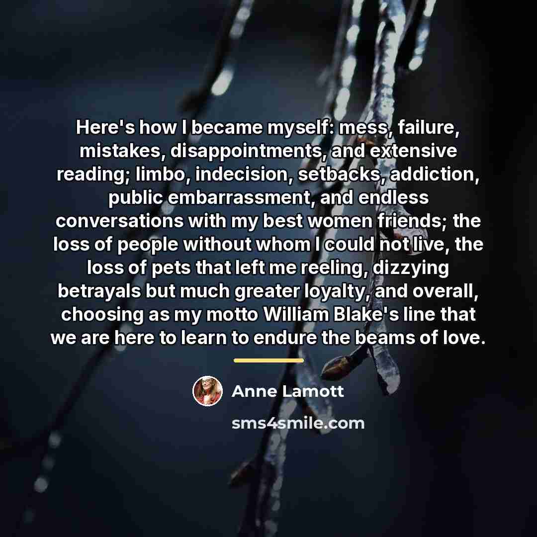 “Here's how I became myself: mess, failure, mistakes, disappointments, and…” quote by Anne Lamott
