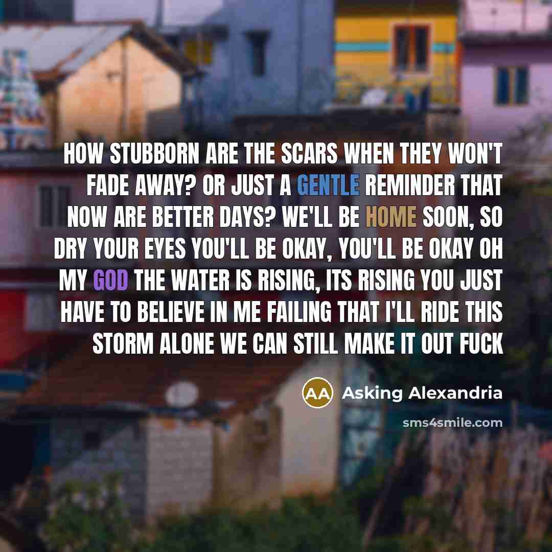 “How stubborn are the scars when they won't fade away? Or just a gentle reminder that now are better days? We'll be home soon, so dry your eyes You'll be okay, You'll be okay Oh My God The water is rising, its rising You just have to believe in me Failing that I'll ride this storm alone We can…” quote by Asking Alexandria