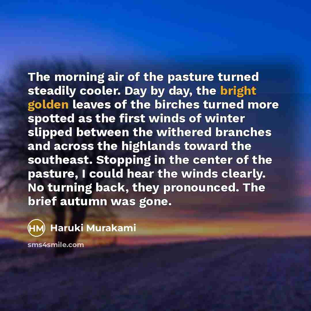 “The morning air of the pasture turned steadily cooler. Day…” quote by Haruki Murakami