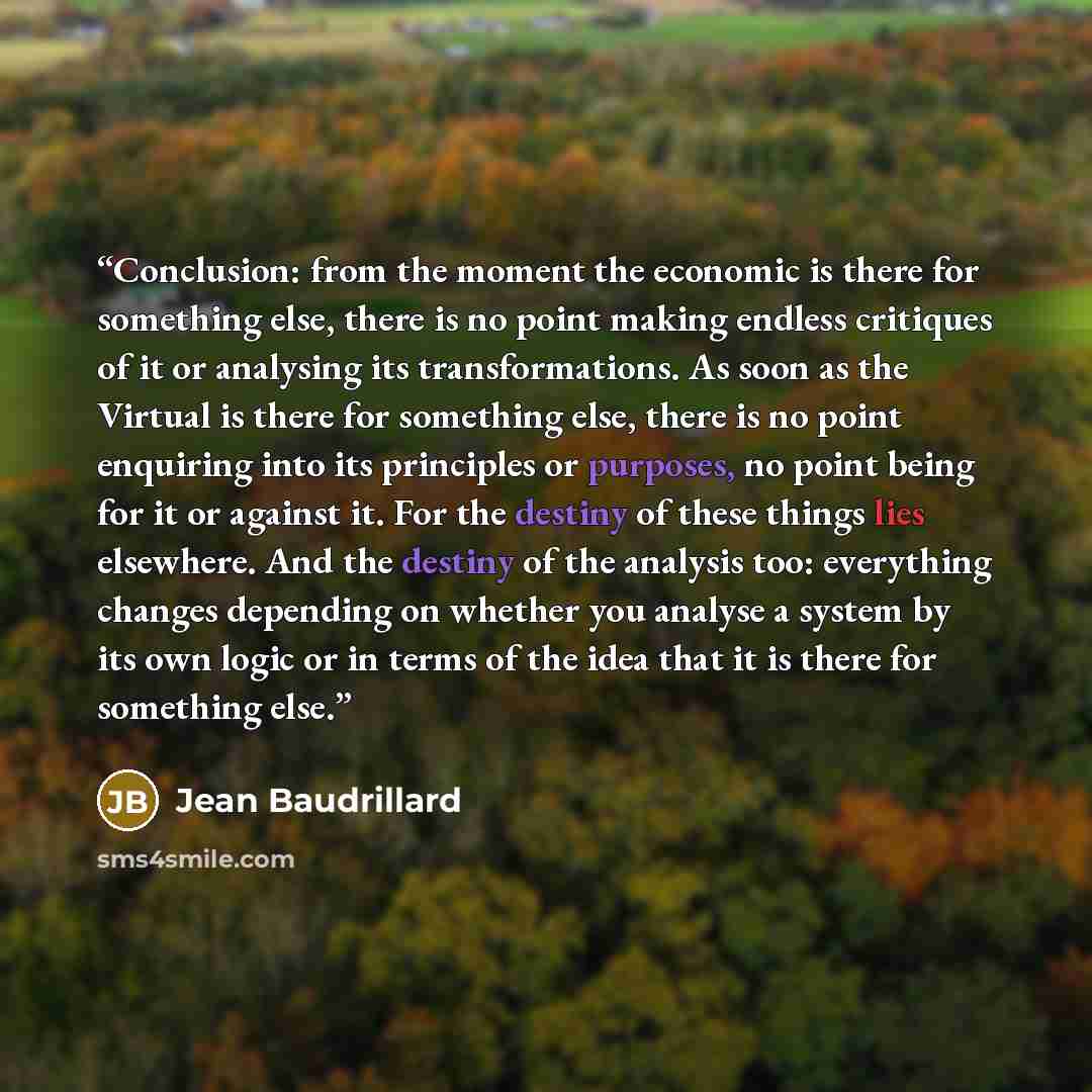 “Conclusion: from the moment the economic is there for something else, there is no point making endless critiques of it or analysing its transformations. As soon as the Virtual is there for something else, there is no point enquiring into its principles or purposes, no point being for it or against…” quote by Jean Baudrillard