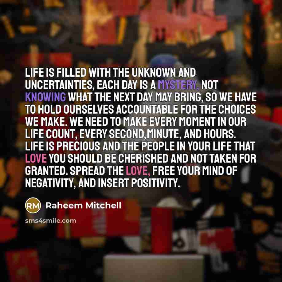 “Life is filled with the unknown and uncertainties, each day is a mystery, not knowing what the next day may bring, so we have to hold ourselves accountable for the choices we make. We need to make every moment in our life count, every second,minute, and hours. Life is precious and the people in…” quote by Raheem Mitchell