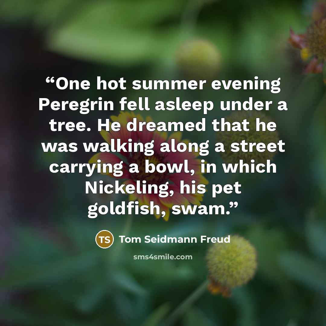 “One hot summer evening Peregrin fell asleep under a tree. He dreamed that he was walking along a street carrying a bowl, in which Nickeling, his pet goldfish, swam.” quote by Tom Seidmann Freud