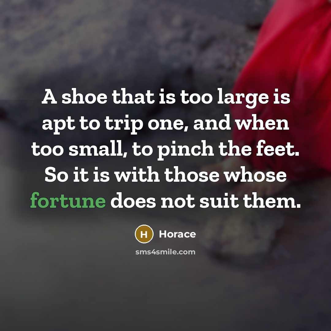 “A shoe that is too large is apt to trip one, and when too small, to pinch the feet. So it is with those whose fortune does not suit them.” quote by Horace