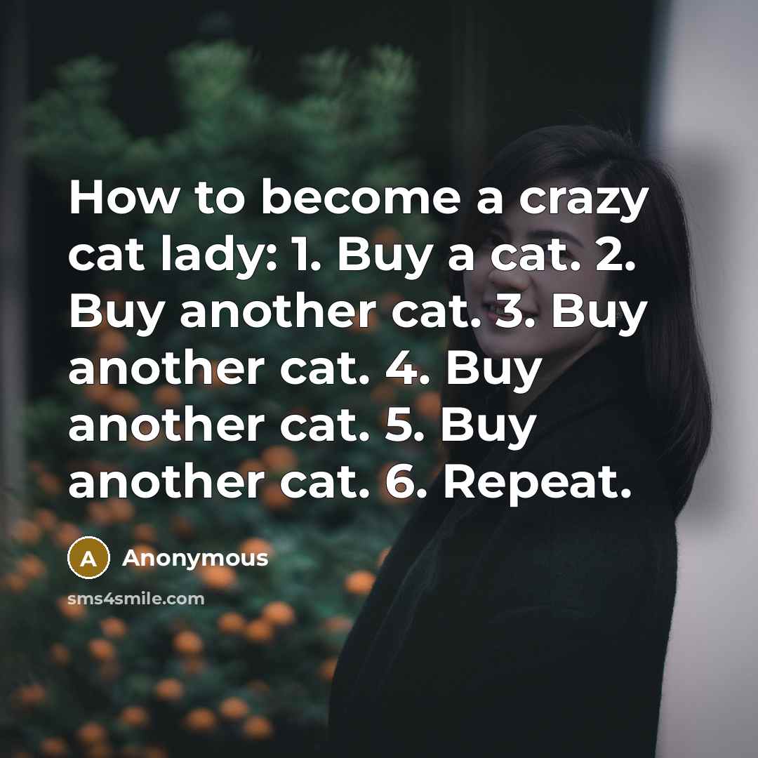 “How to become a crazy cat lady: 1. Buy a cat. 2. Buy another cat. 3. Buy another cat. 4. Buy another cat. 5. Buy another cat. 6. Repeat.” quote by Anonymous