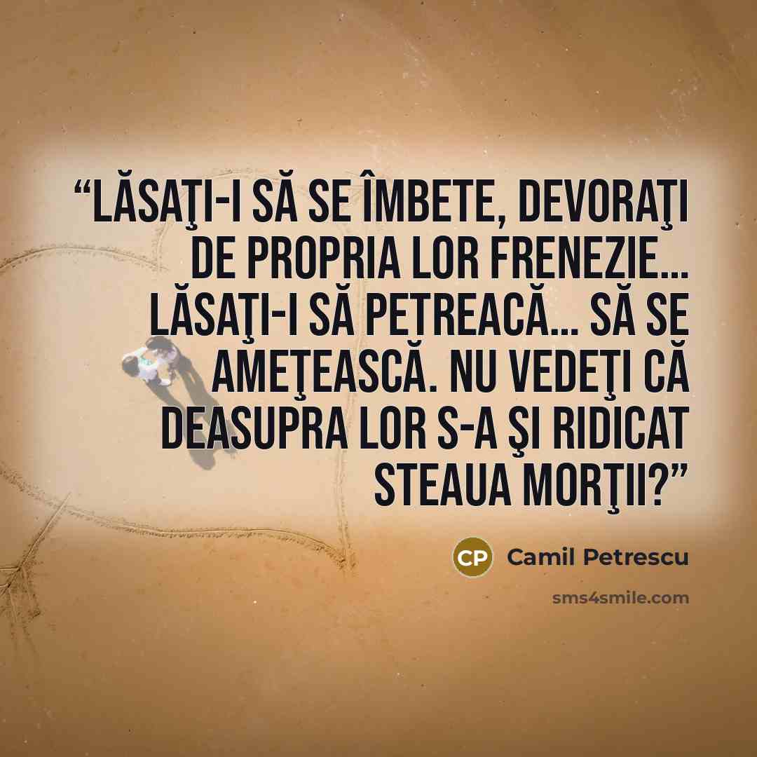 “Lăsaţi-i să se îmbete, devoraţi de propria lor frenezie… Lăsaţi-i să petreacă… să se ameţească. Nu vedeţi că deasupra lor s-a şi ridicat Steaua Morţii?” quote by Camil Petrescu