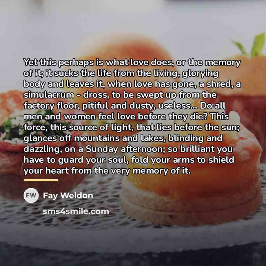 “Yet this perhaps is what love does, or the memory…” quote by Fay Weldon