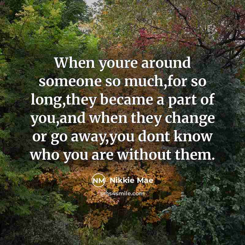 “When youre around someone so much,for so long,they became a part of you,and when they change or go away,you dont know who you are without them.” quote by Nikkie Mae