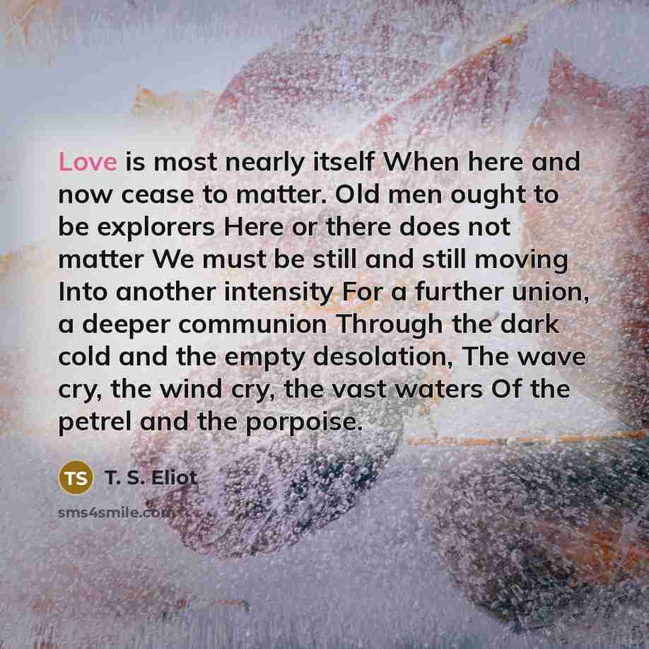 “Love is most nearly itself When here and now cease…” quote by T. S. Eliot
