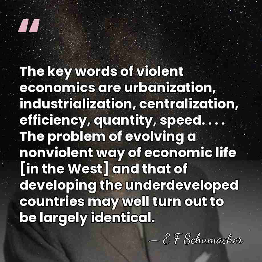 The key words of violent economics are urbanization, industrialization, centralization, efficiency, quantity,&hellip; - E F Schumacher