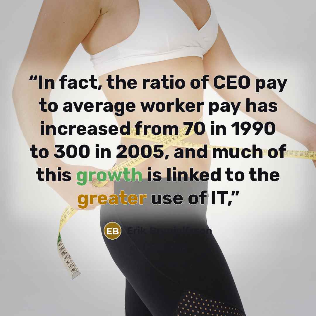 “In fact, the ratio of CEO pay to average worker pay has increased from 70 in 1990 to 300 in 2005, and much of this growth is linked to the greater use of IT,” quote by Erik Brynjolfsson