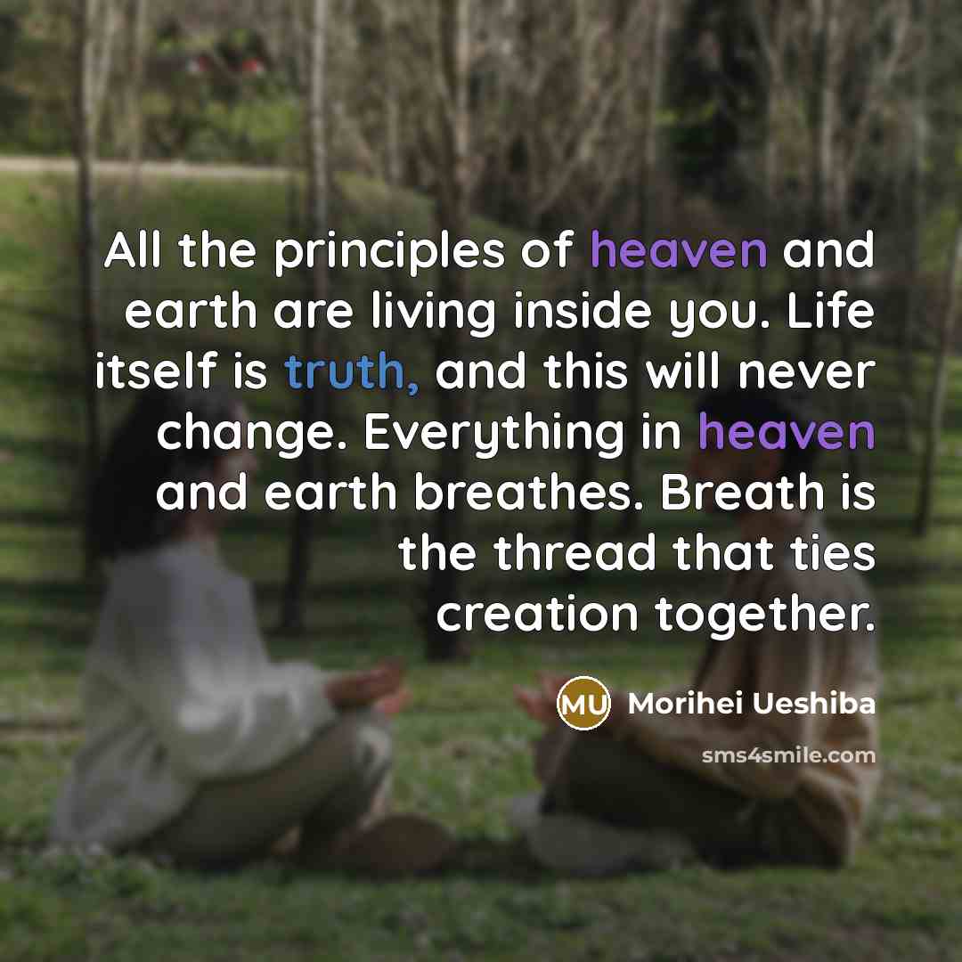 “All the principles of heaven and earth are living inside you. Life itself is truth, and this will never change. Everything in heaven and earth breathes. Breath is the thread that ties creation together.” quote by Morihei Ueshiba