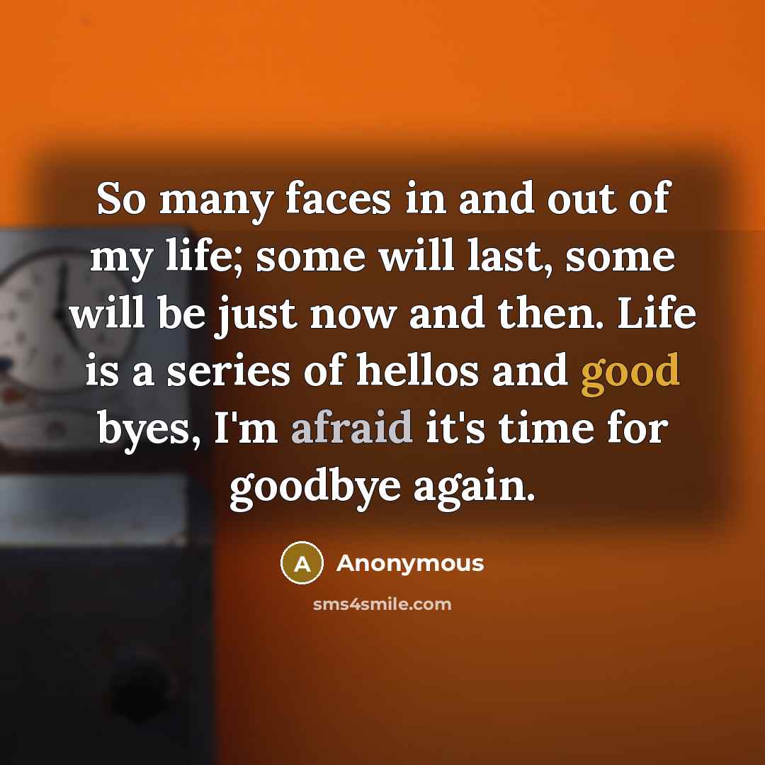 “So many faces in and out of my life; some will last, some will be just now and then. Life is a series of hellos and good byes, I'm afraid it's time for goodbye again.” quote by Anonymous