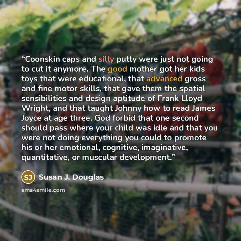 “Coonskin caps and silly putty were just not going to cut it anymore. The good mother got her kids toys that were educational, that advanced gross and fine motor skills, that gave them the spatial sensibilities and design aptitude of Frank Lloyd Wright, and that taught Johnny how to read James…” quote by Susan J. Douglas
