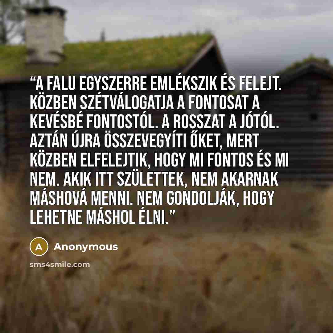 “A falu egyszerre emlékszik és felejt. Közben szétválogatja a fontosat a kevésbé fontostól. A rosszat a jótól. Aztán újra összevegyíti őket, mert közben elfelejtik, hogy mi fontos és mi nem. Akik itt születtek, nem akarnak máshová menni. Nem gondolják, hogy lehetne máshol élni.” quote by Anonymous